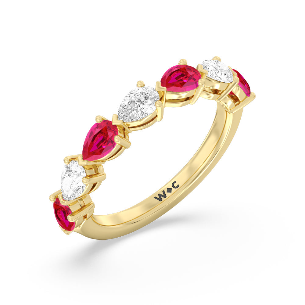 Trailing Created Ruby Pear and Diamond Anniversary Ring with 14KT Yellow Gold Cut Diamond in 14KT Yellow Gold view 2
