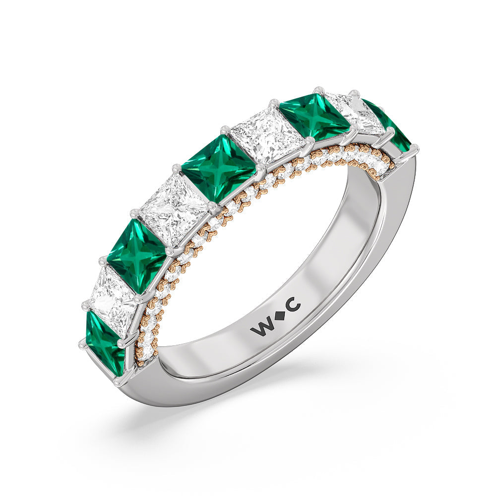 Alternate Created Emerald Princess Shape and Diamond Palace Anniversary Ring with 14KT Rose Gold Cut Diamond in 14KT Rose Gold view 2
