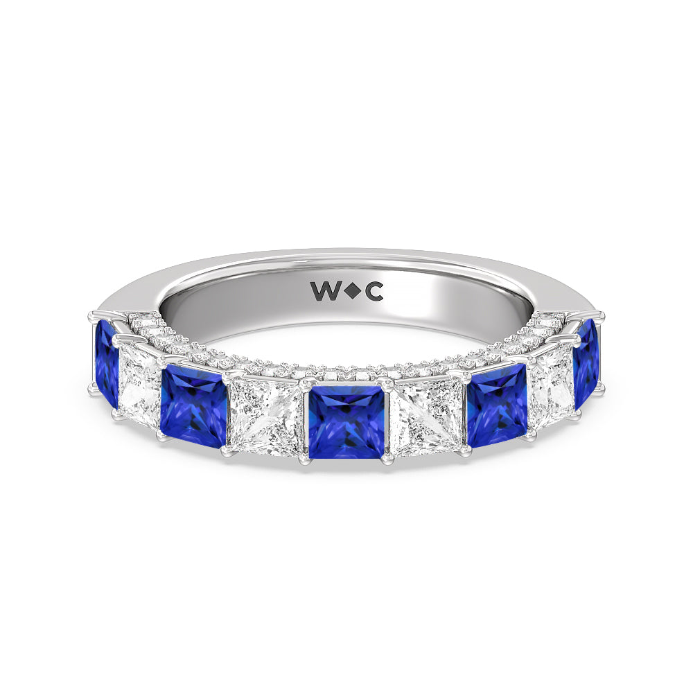 Alternate Created Sapphire Princess and Diamond Palace Anniversary Ring with 14KT White Gold Cut Diamond in 14KT White Gold view 1

