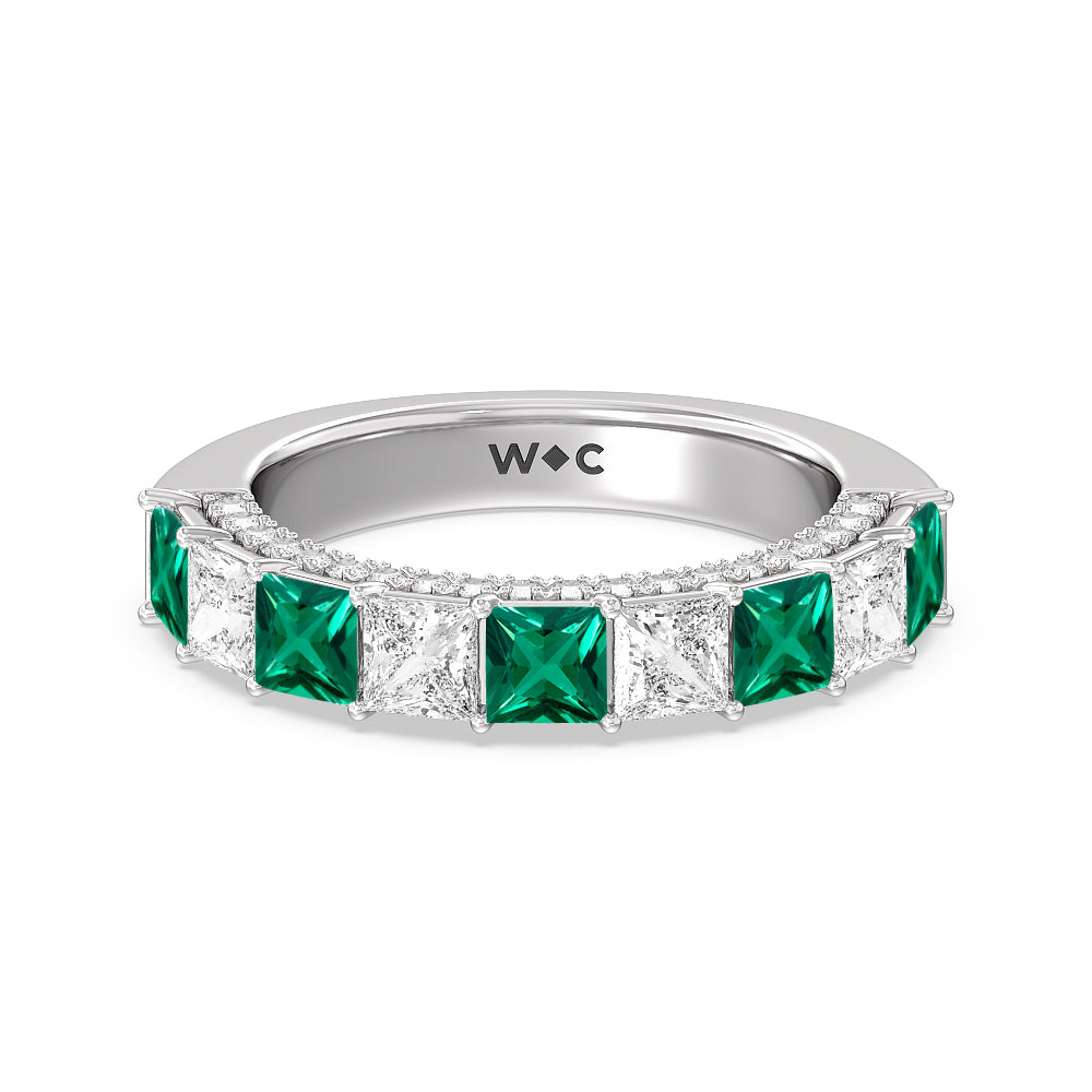 Alternate Created Emerald Princess Shape and Diamond Palace Anniversary Ring with 14KT White Gold Cut Diamond in 14KT White Gold view 1
