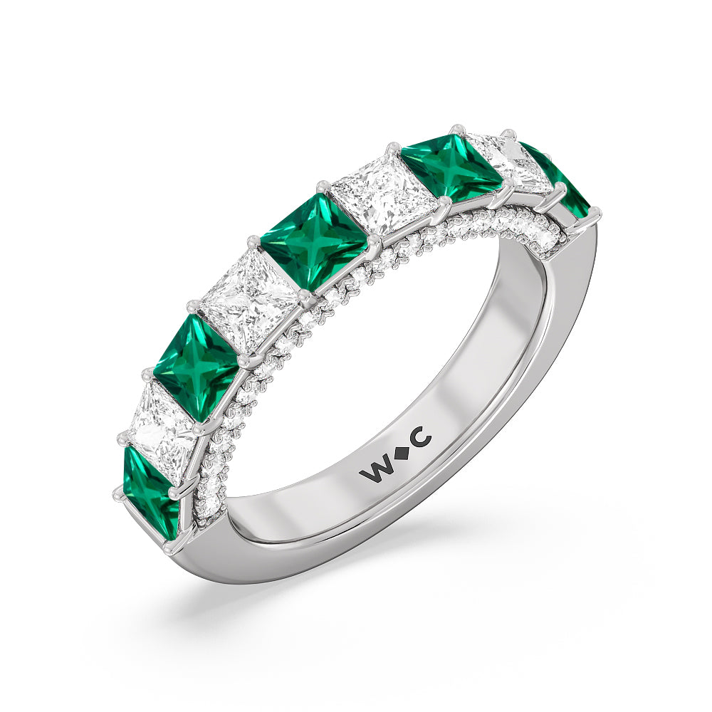 Alternate Created Emerald Princess Shape and Diamond Palace Anniversary Ring with 14KT White Gold Cut Diamond in 14KT White Gold view 2
