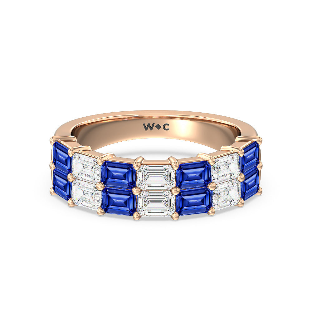 Two Row Created Sapphire and Emerald Diamond East-West Anniversary Ring with 14KT Rose Gold Cut Diamond in 14KT Rose Gold view 1
