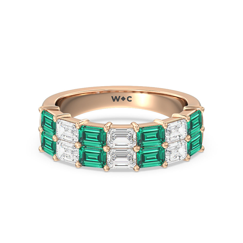 Two Row Created Emerald and Emerald Shape Diamond East-West Anniversary Ring with 14KT Rose Gold Cut Diamond in 14KT Rose Gold view 1
