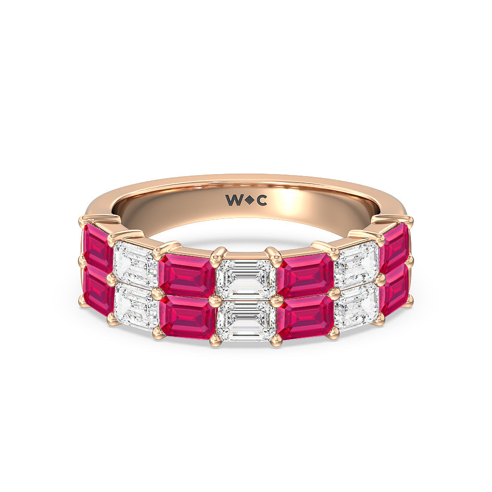 Two Row Created Ruby and Emerald Diamond East-West Anniversary Ring with 14KT Rose Gold Cut Diamond in 14KT Rose Gold view 1

