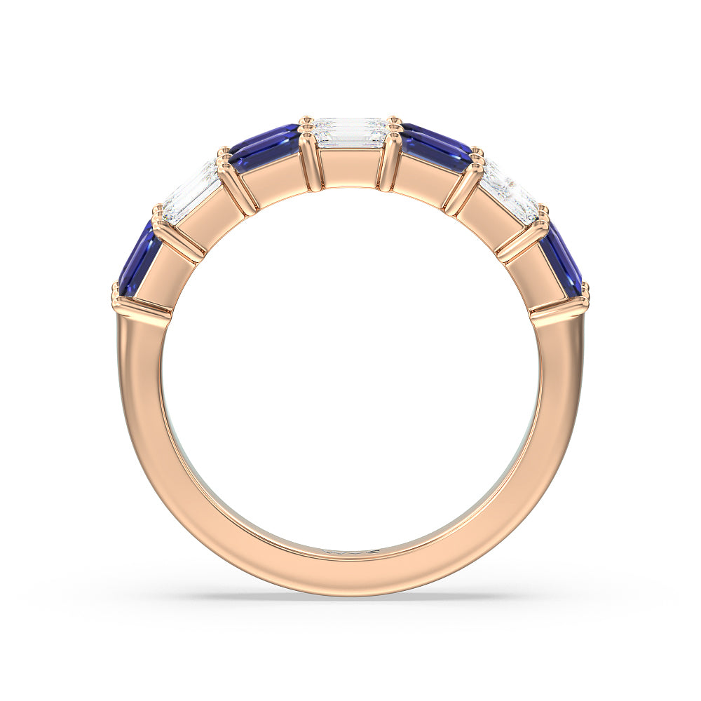 Two Row Created Sapphire and Emerald Diamond East-West Anniversary Ring with 14KT Rose Gold Cut Diamond in 14KT Rose Gold view 3
