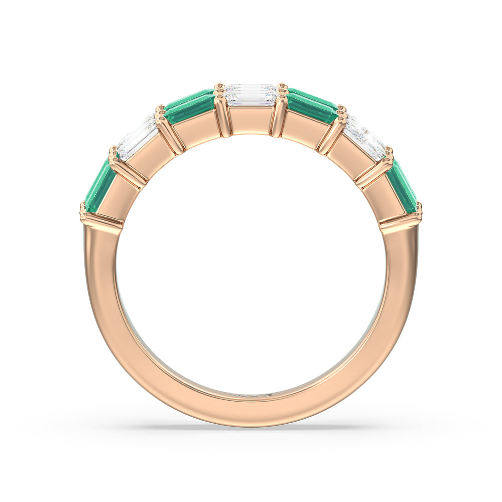 Two Row Created Emerald and Emerald Shape Diamond East-West Anniversary Ring with 14KT Rose Gold Cut Diamond in 14KT Rose Gold view 3
