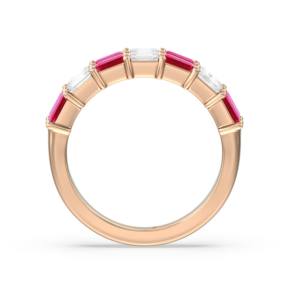 Two Row Created Ruby and Emerald Diamond East-West Anniversary Ring with 14KT Rose Gold Cut Diamond in 14KT Rose Gold view 3
