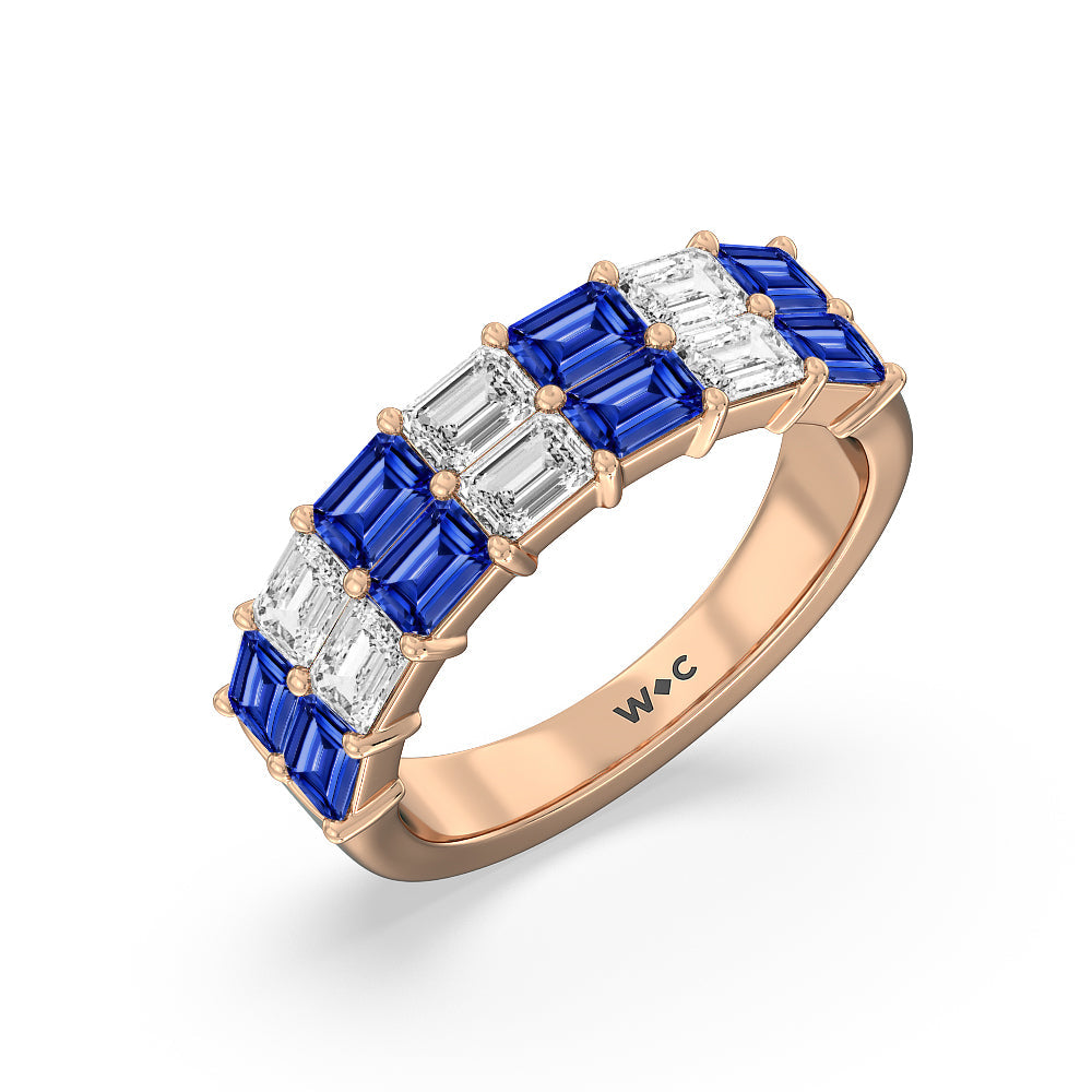 Two Row Created Sapphire and Emerald Diamond East-West Anniversary Ring with 14KT Rose Gold Cut Diamond in 14KT Rose Gold view 2
