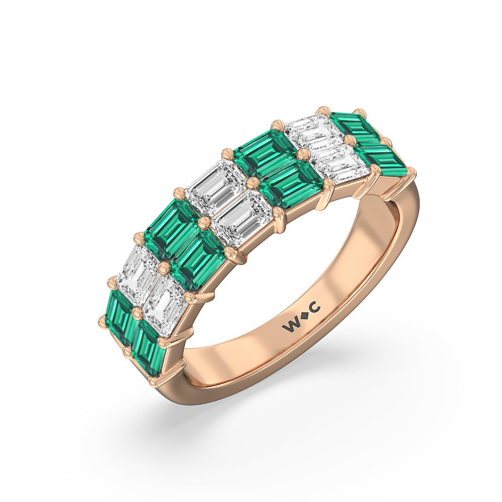 Two Row Created Emerald and Emerald Shape Diamond East-West Anniversary Ring with 14KT Rose Gold Cut Diamond in 14KT Rose Gold view 2
