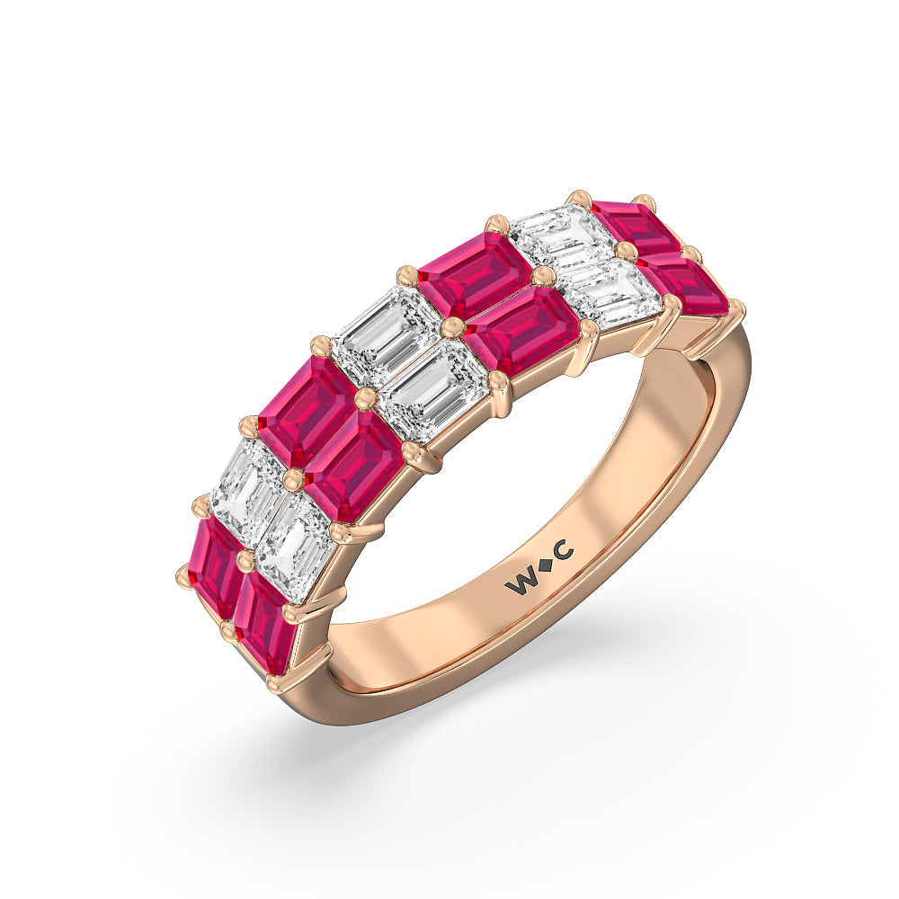 Two Row Created Ruby and Emerald Diamond East-West Anniversary Ring with 14KT Rose Gold Cut Diamond in 14KT Rose Gold view 2
