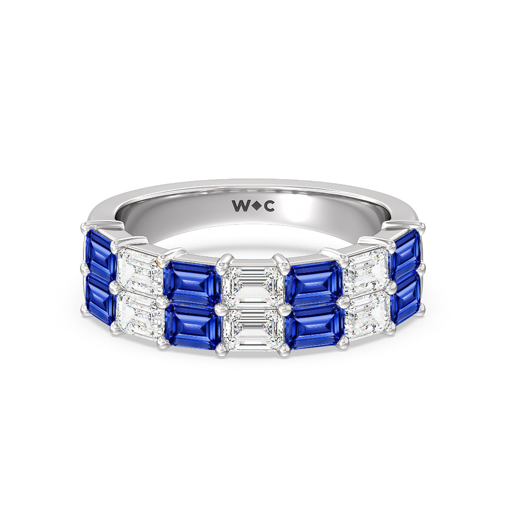 Two Row Created Sapphire and Emerald Diamond East-West Anniversary Ring with 14KT White Gold Cut Diamond in 14KT White Gold view 1
