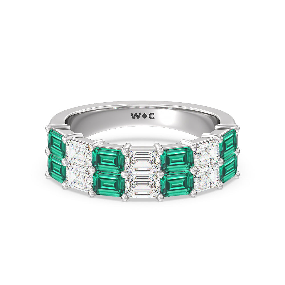 Two Row Created Emerald and Emerald Shape Diamond East-West Anniversary Ring with 14KT White Gold Cut Diamond in 14KT White Gold view 1
