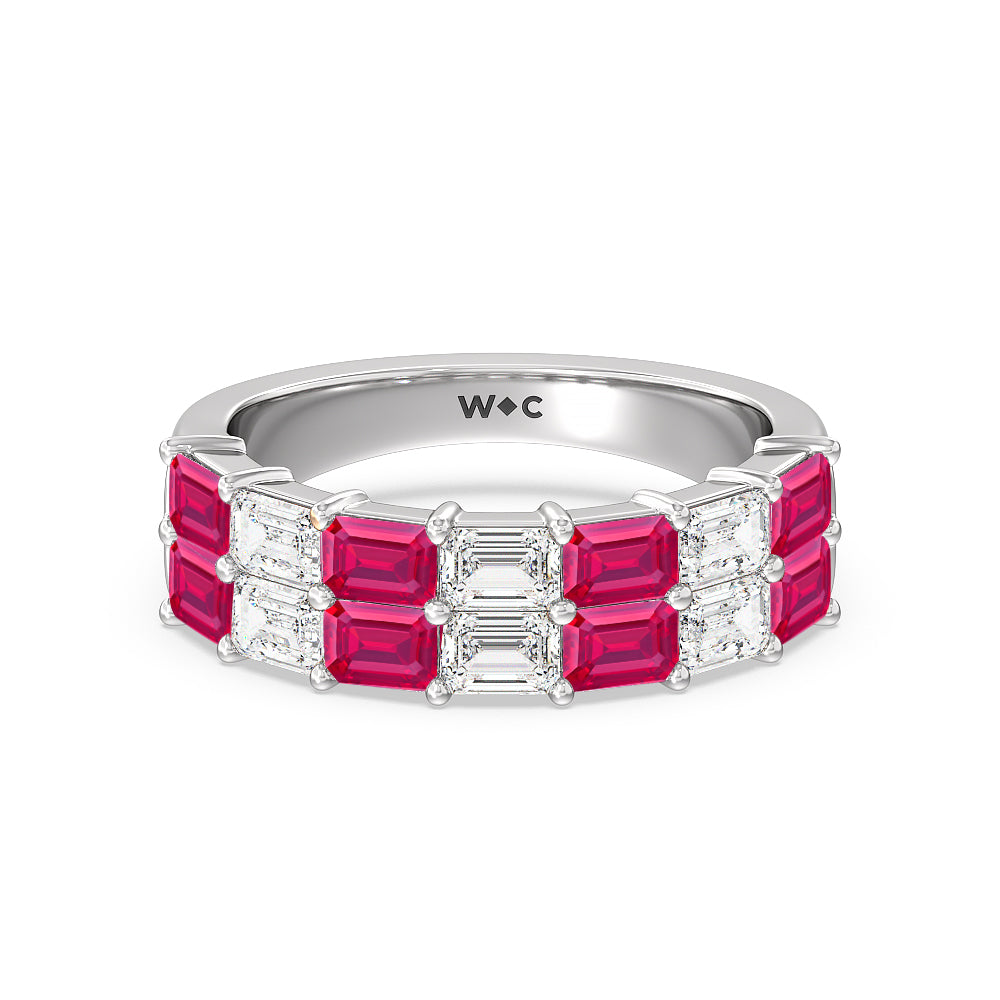 Two Row Created Ruby and Emerald Diamond East-West Anniversary Ring with 14KT White Gold Cut Diamond in 14KT White Gold view 1

