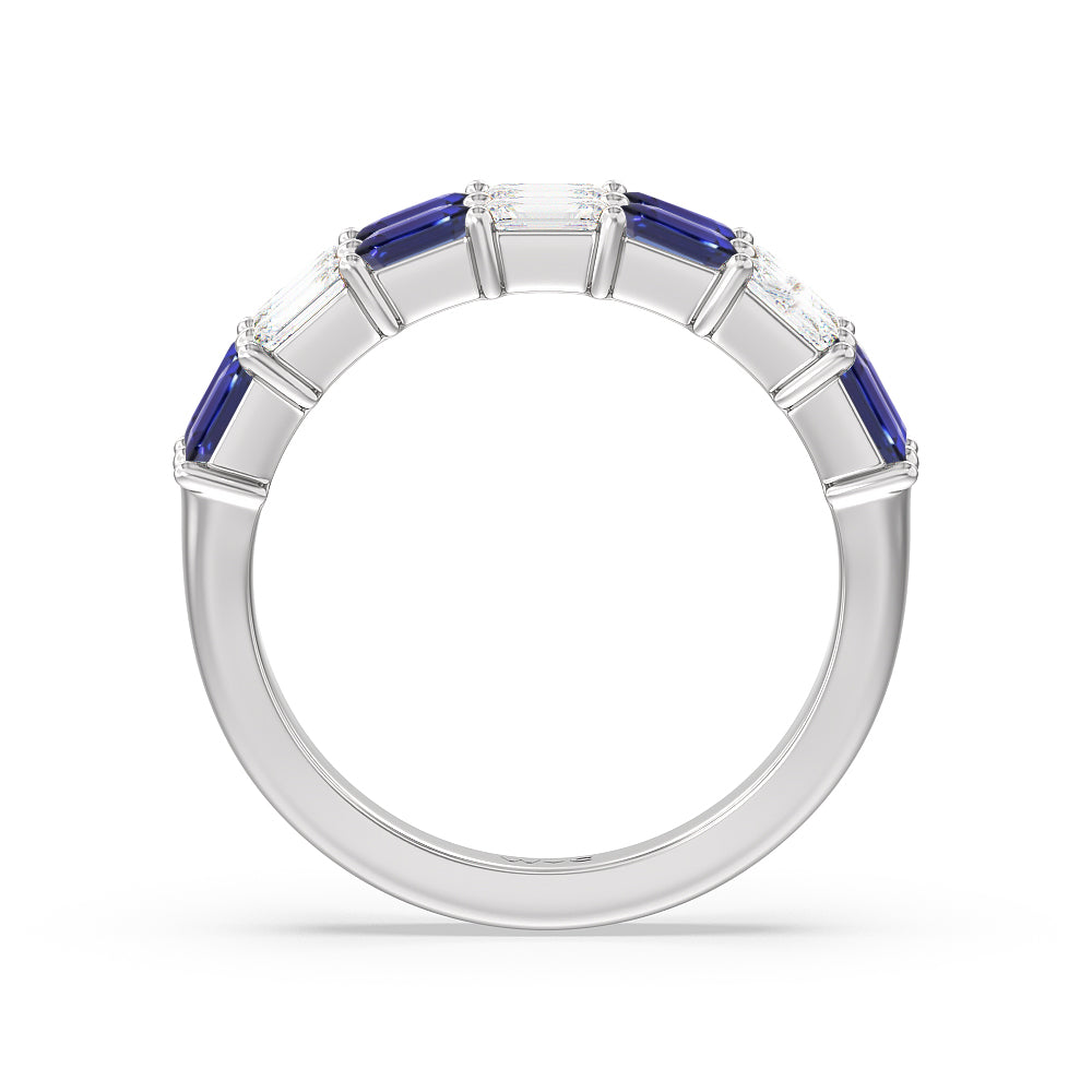 Two Row Created Sapphire and Emerald Diamond East-West Anniversary Ring with 14KT White Gold Cut Diamond in 14KT White Gold view 3
