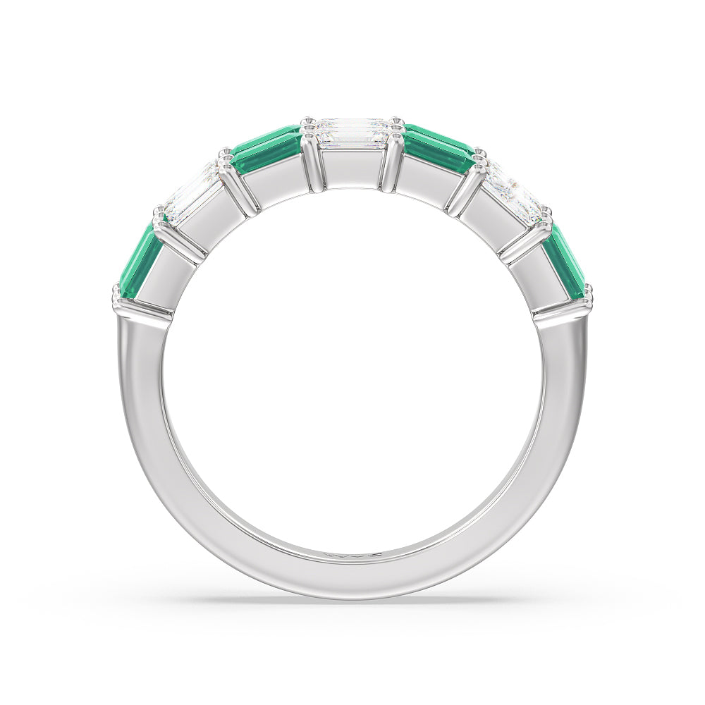 Two Row Created Emerald and Emerald Shape Diamond East-West Anniversary Ring with 14KT White Gold Cut Diamond in 14KT White Gold view 3
