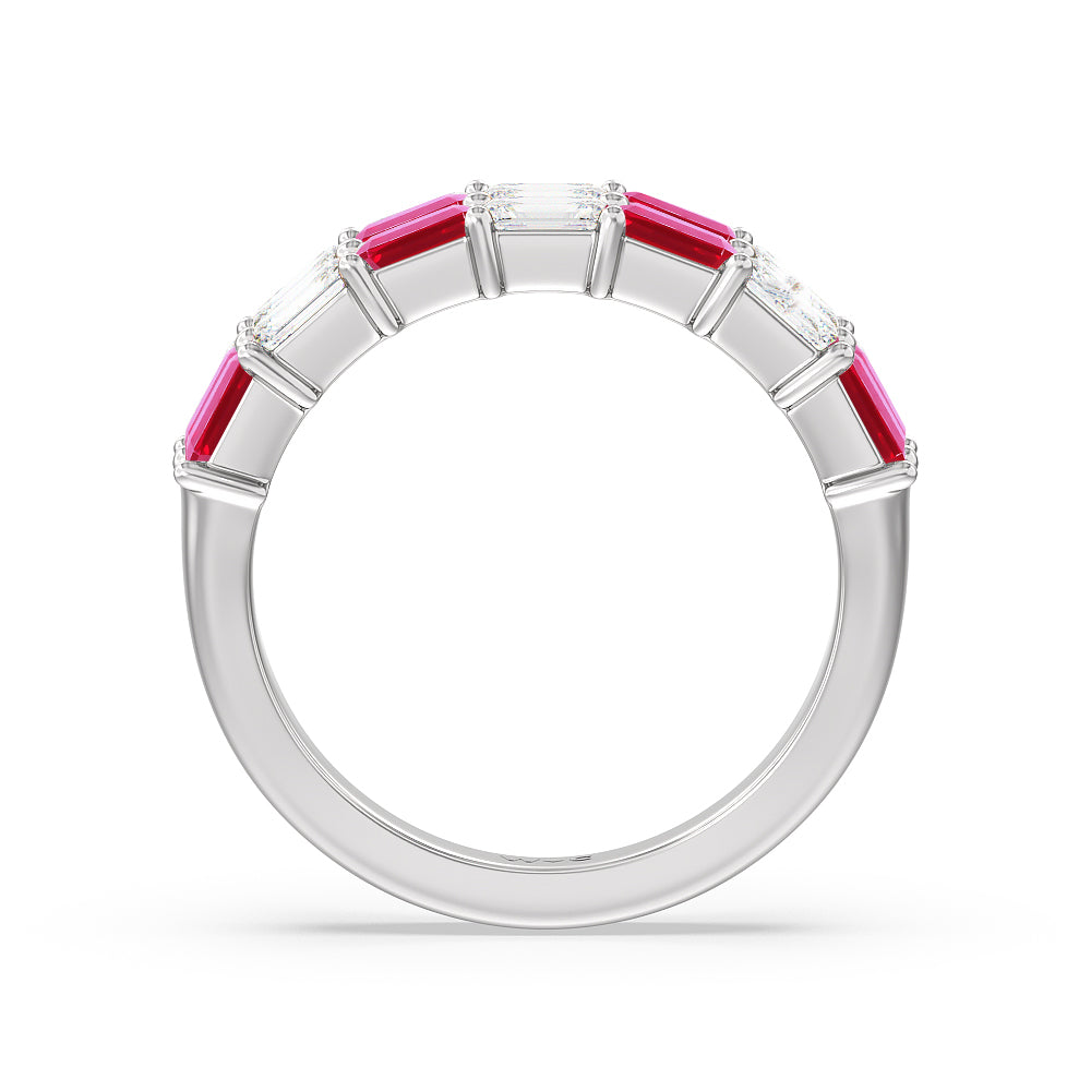 Two Row Created Ruby and Emerald Diamond East-West Anniversary Ring with 14KT White Gold Cut Diamond in 14KT White Gold view 3
