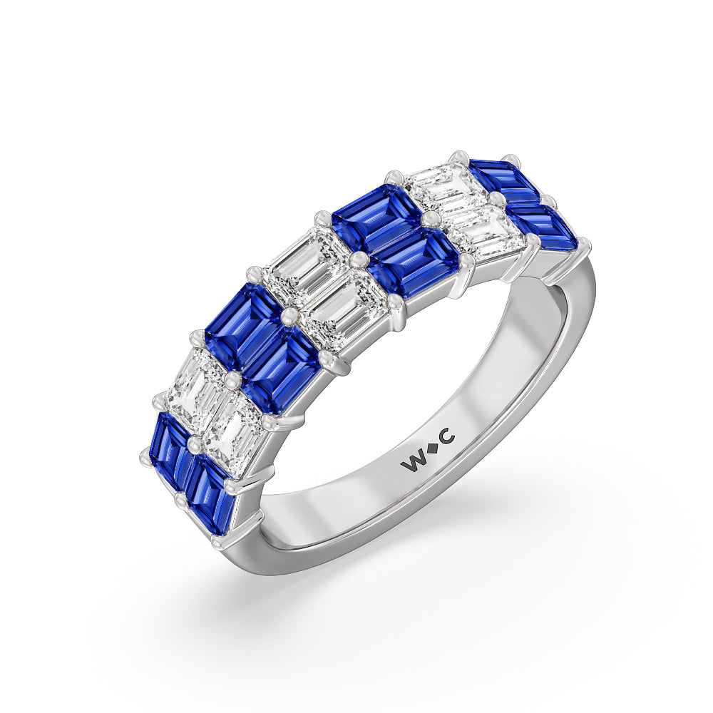 Two Row Created Sapphire and Emerald Diamond East-West Anniversary Ring with 14KT White Gold Cut Diamond in 14KT White Gold view 2

