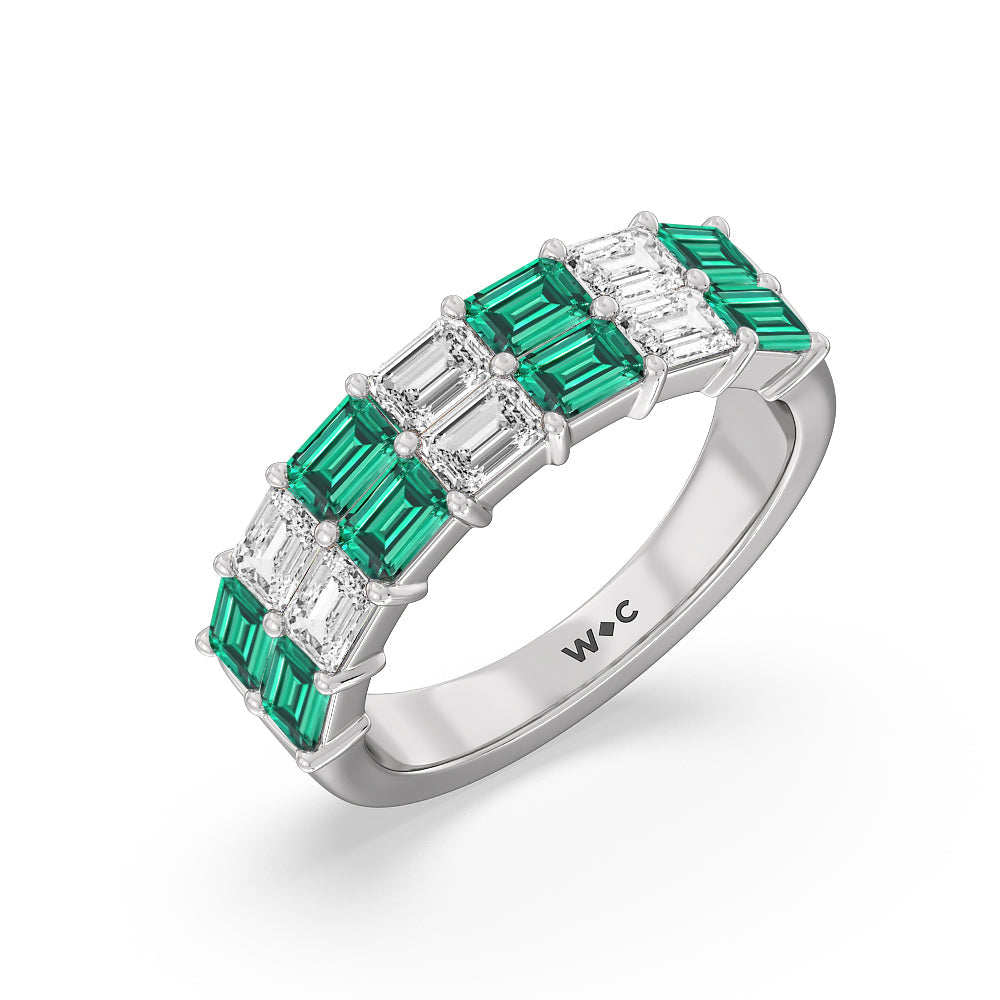 Two Row Created Emerald and Emerald Shape Diamond East-West Anniversary Ring with 14KT White Gold Cut Diamond in 14KT White Gold view 2
