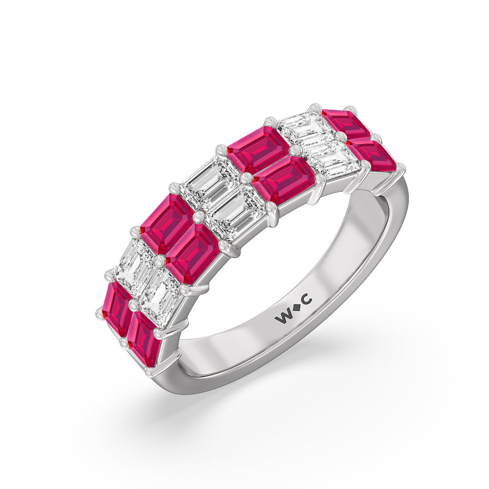 Two Row Created Ruby and Emerald Diamond East-West Anniversary Ring with 14KT White Gold Cut Diamond in 14KT White Gold view 2
