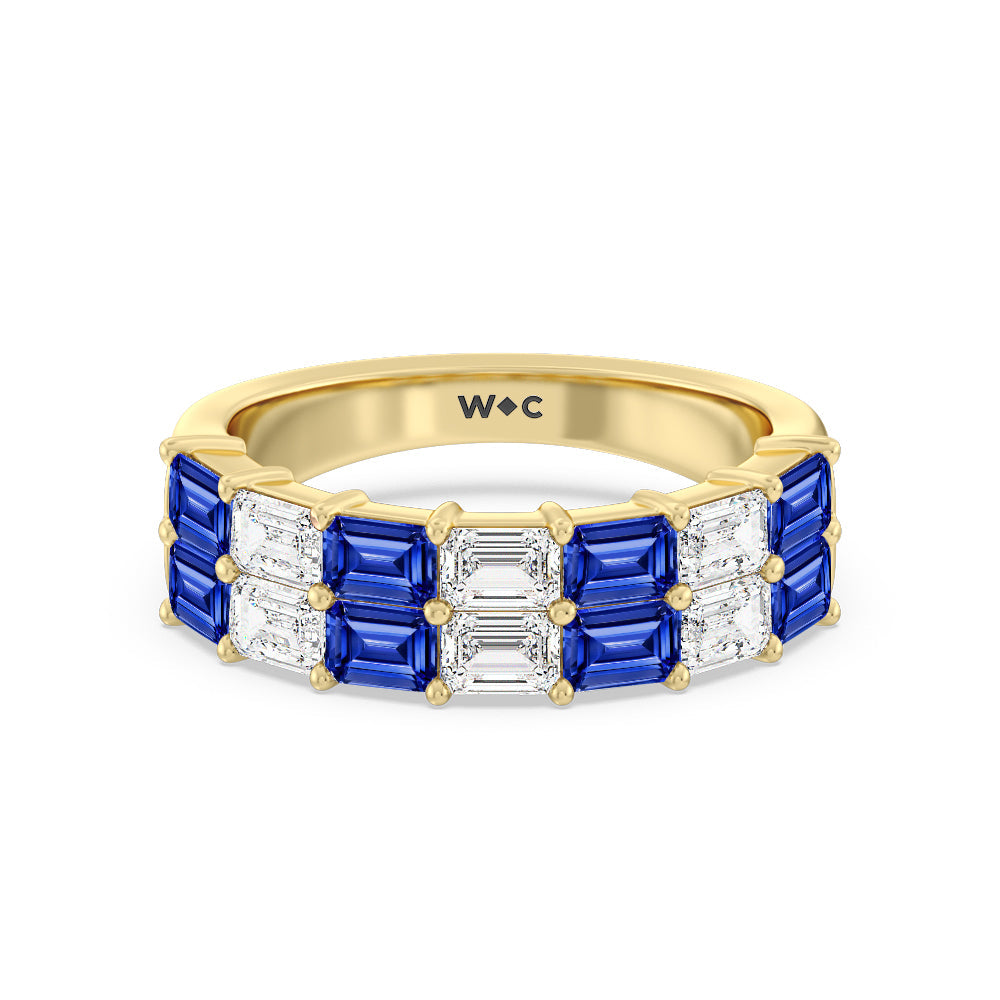 Two Row Created Sapphire and Emerald Diamond East-West Anniversary Ring with 14KT Yellow Gold Cut Diamond in 14KT Yellow Gold view 1

