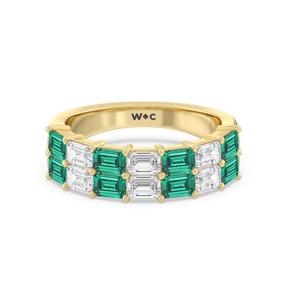 Two Row Created Emerald and Emerald Shape Diamond East-West Anniversary Ring with 14KT Yellow Gold Cut Diamond in 14KT Yellow Gold view 1
