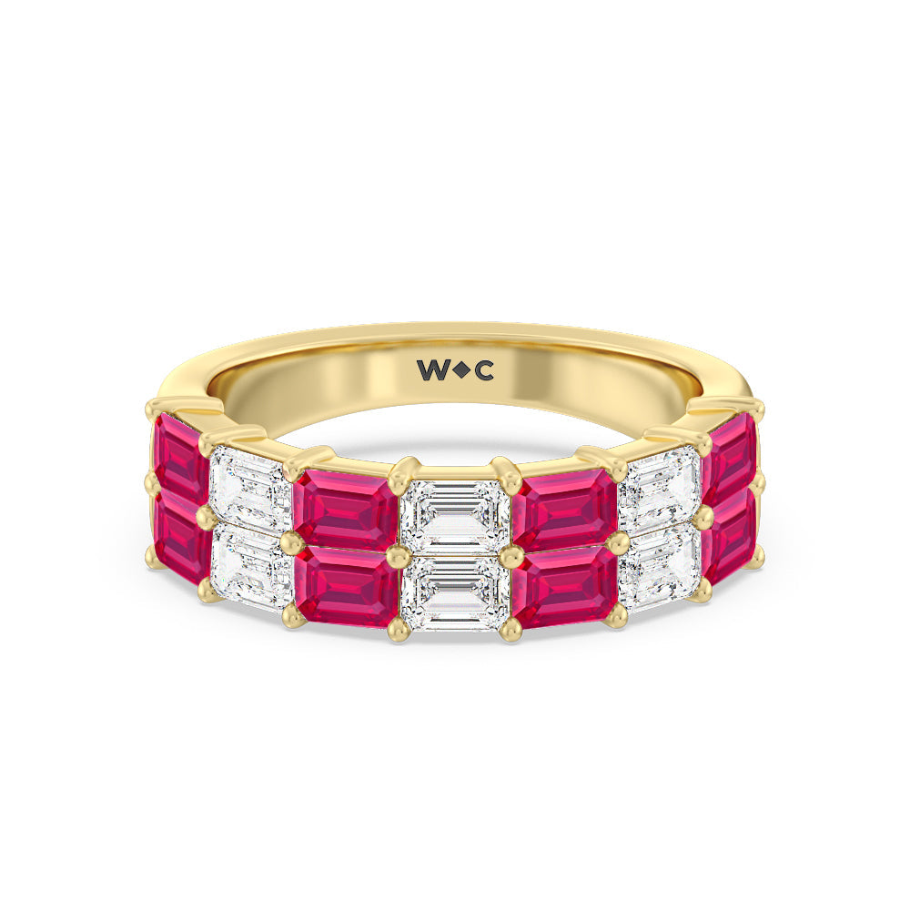 Two Row Created Ruby and Emerald Diamond East-West Anniversary Ring with 14KT Yellow Gold Cut Diamond in 14KT Yellow Gold view 1
