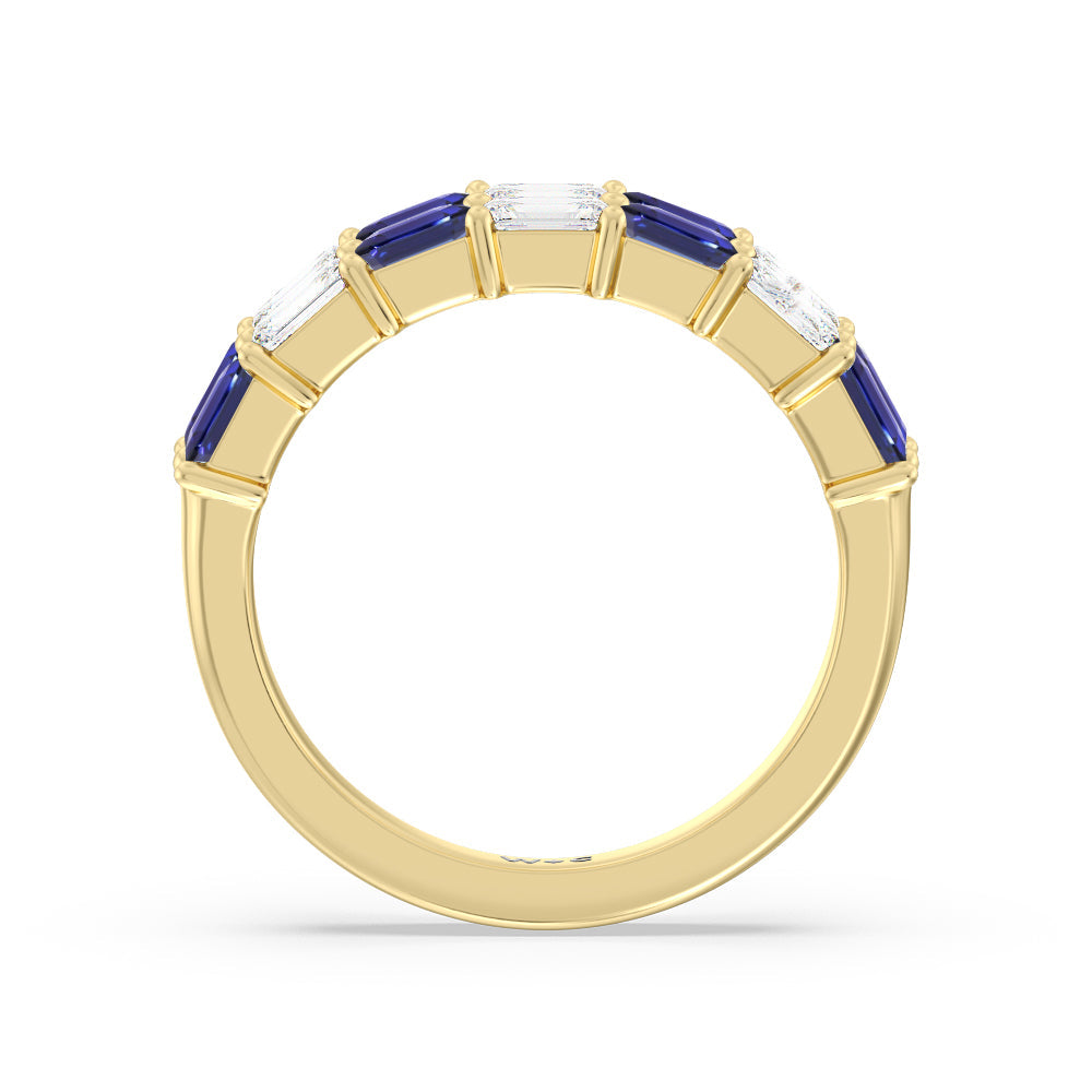 Two Row Created Sapphire and Emerald Diamond East-West Anniversary Ring with 14KT Yellow Gold Cut Diamond in 14KT Yellow Gold view 3
