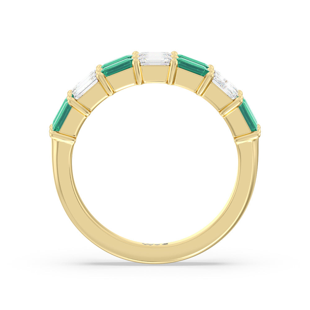 Two Row Created Emerald and Emerald Shape Diamond East-West Anniversary Ring with 14KT Yellow Gold Cut Diamond in 14KT Yellow Gold view 3
