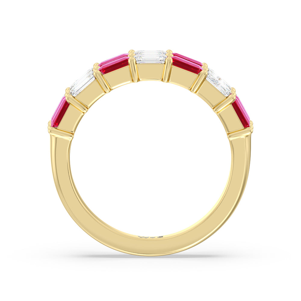 Two Row Created Ruby and Emerald Diamond East-West Anniversary Ring with 14KT Yellow Gold Cut Diamond in 14KT Yellow Gold view 3
