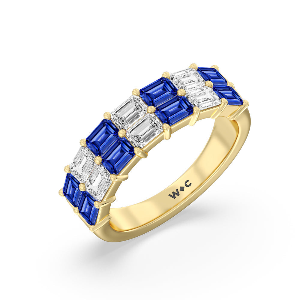 Two Row Created Sapphire and Emerald Diamond East-West Anniversary Ring with 14KT Yellow Gold Cut Diamond in 14KT Yellow Gold view 2
