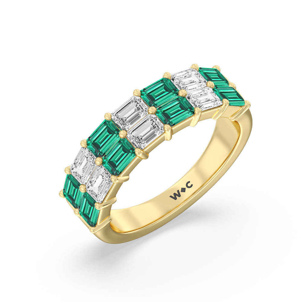 Two Row Created Emerald and Emerald Shape Diamond East-West Anniversary Ring with 14KT Yellow Gold Cut Diamond in 14KT Yellow Gold view 2
