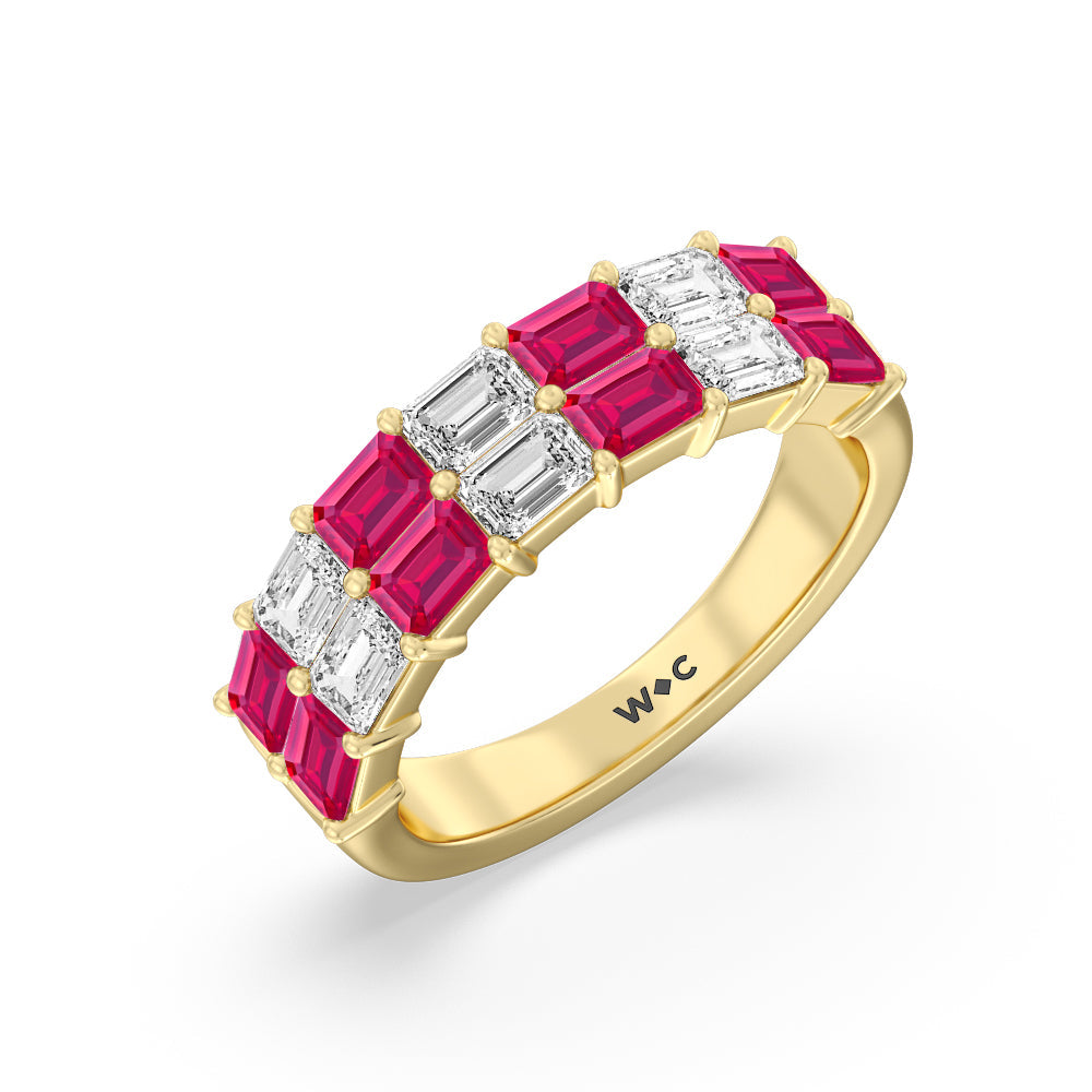 Two Row Created Ruby and Emerald Diamond East-West Anniversary Ring with 14KT Yellow Gold Cut Diamond in 14KT Yellow Gold view 2
