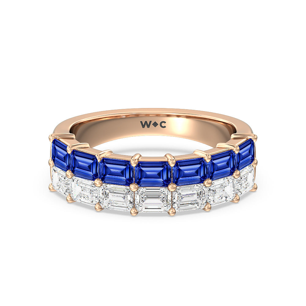 Two Row Linear Created Sapphire Emerald Diamond East-West Anniversary Ring with 14KT Rose Gold Cut Diamond in 14KT Rose Gold view 1
