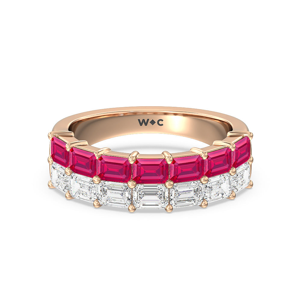 Two Row Linear Created Ruby Emerald Diamond East-West Anniversary Ring with 14KT Rose Gold Cut Diamond in 14KT Rose Gold view 1
