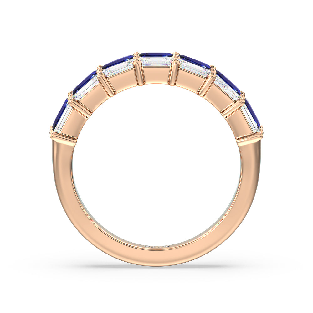 Two Row Linear Created Sapphire Emerald Diamond East-West Anniversary Ring with 14KT Rose Gold Cut Diamond in 14KT Rose Gold view 3
