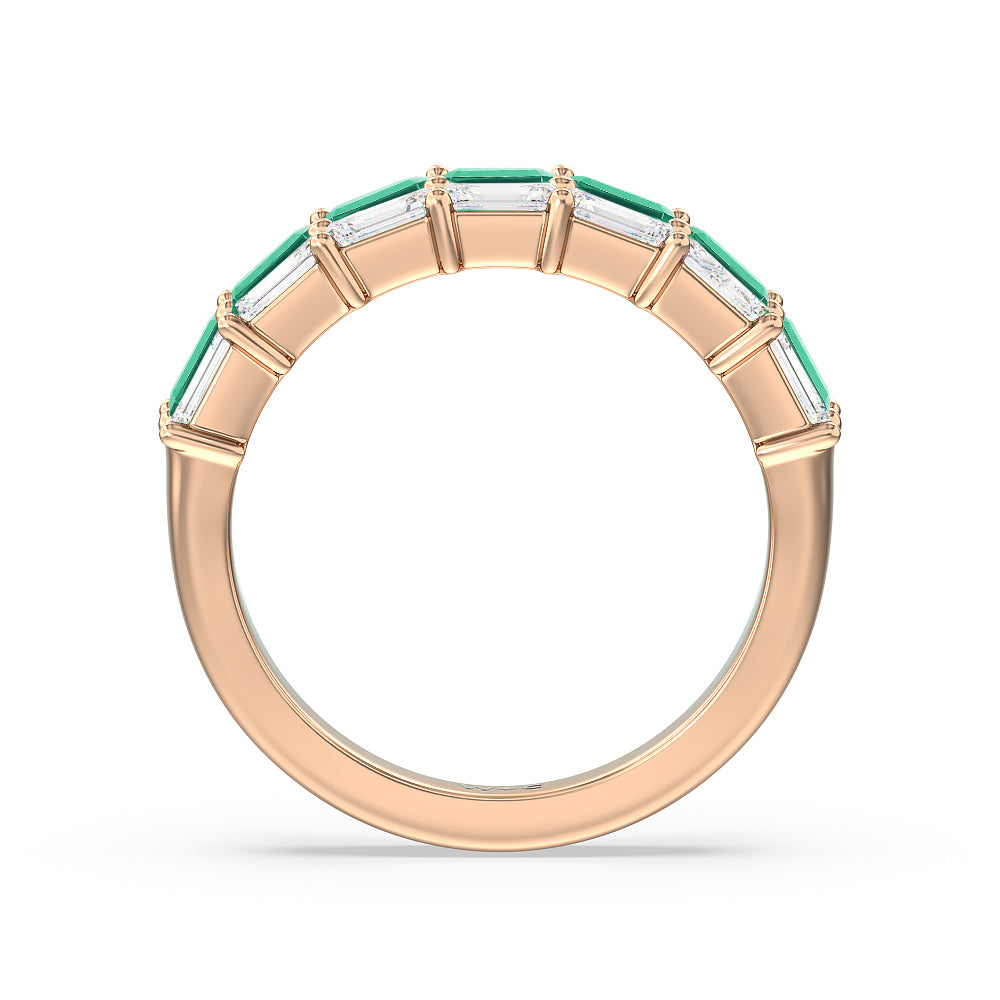 Two Row Linear Created Emerald and Emerald Shape Diamond East-West Anniversary Ring with 14KT Rose Gold Cut Diamond in 14KT Rose Gold view 3
