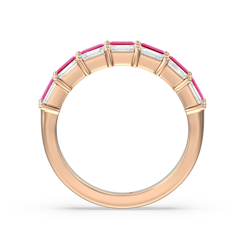 Two Row Linear Created Ruby Emerald Diamond East-West Anniversary Ring with 14KT Rose Gold Cut Diamond in 14KT Rose Gold view 3
