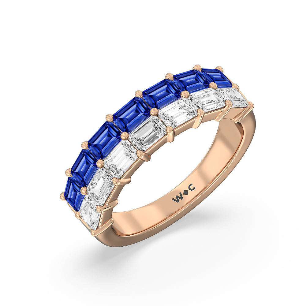 Two Row Linear Created Sapphire Emerald Diamond East-West Anniversary Ring with 14KT Rose Gold Cut Diamond in 14KT Rose Gold view 2
