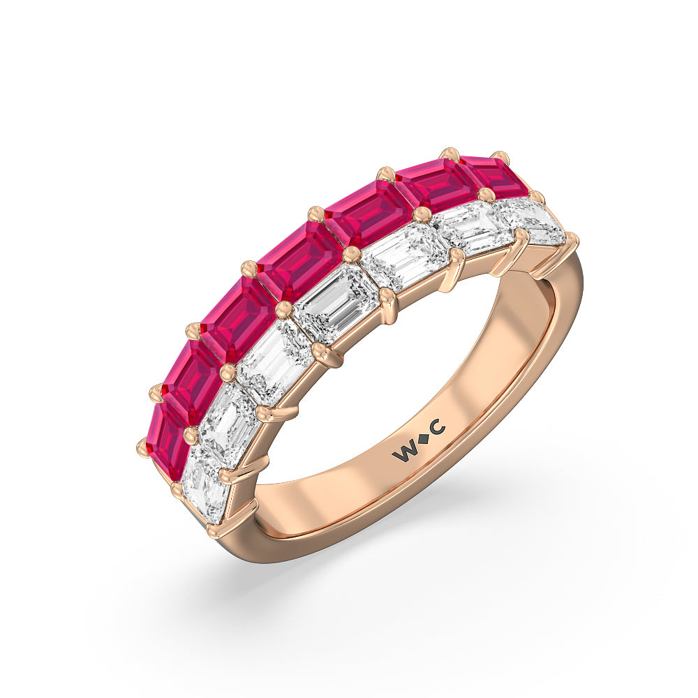 Two Row Linear Created Ruby Emerald Diamond East-West Anniversary Ring with 14KT Rose Gold Cut Diamond in 14KT Rose Gold view 2
