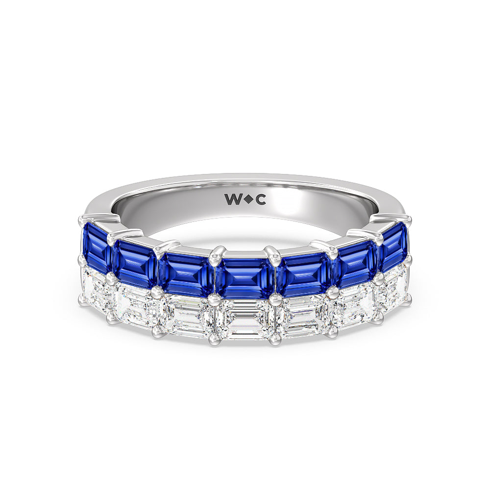 Two Row Linear Created Sapphire Emerald Diamond East-West Anniversary Ring with 14KT White Gold Cut Diamond in 14KT White Gold view 1
