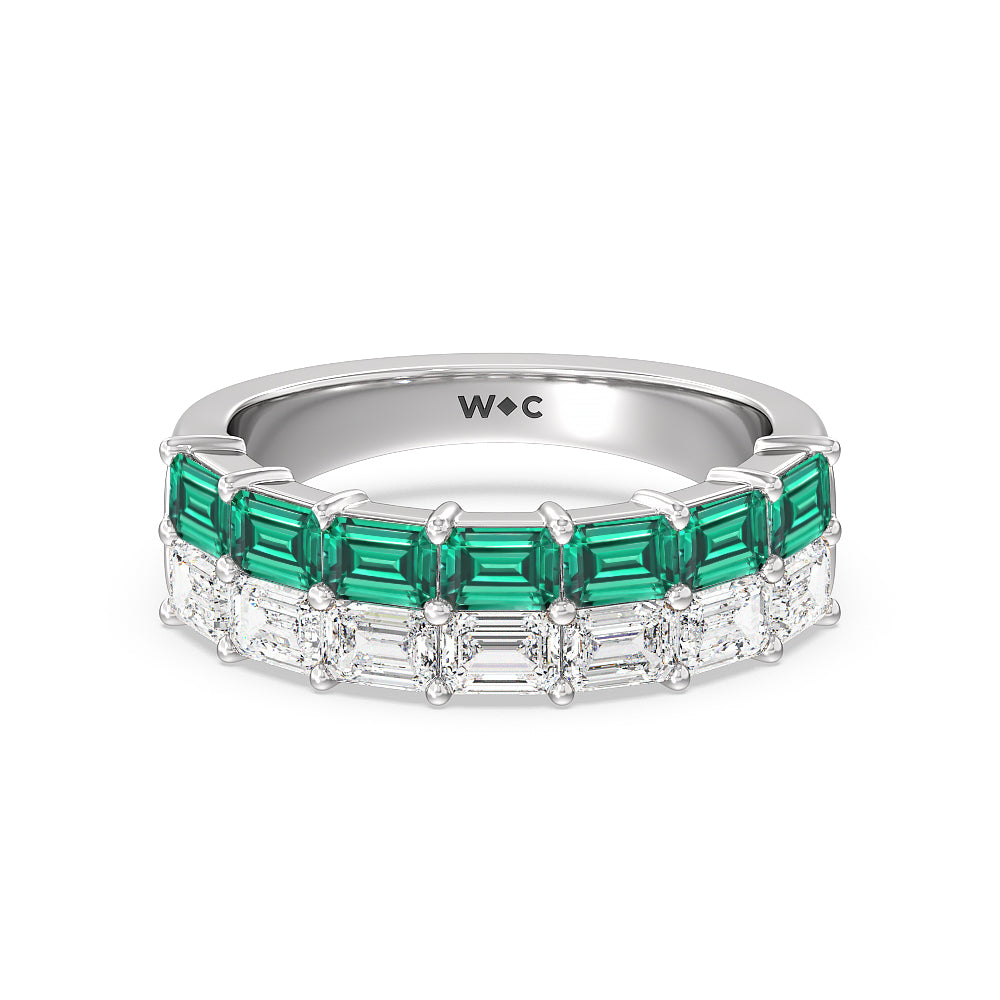 Two Row Linear Created Emerald and Emerald Shape Diamond East-West Anniversary Ring with 14KT White Gold Cut Diamond in 14KT White Gold view 1
