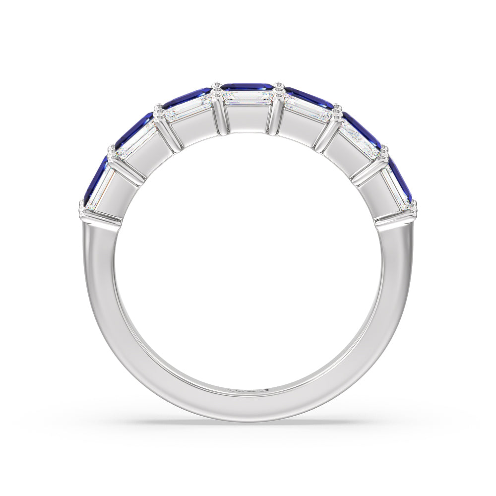 Two Row Linear Created Sapphire Emerald Diamond East-West Anniversary Ring with 14KT White Gold Cut Diamond in 14KT White Gold view 3
