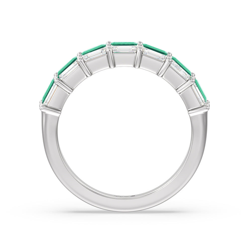 Two Row Linear Created Emerald and Emerald Shape Diamond East-West Anniversary Ring with 14KT White Gold Cut Diamond in 14KT White Gold view 3
