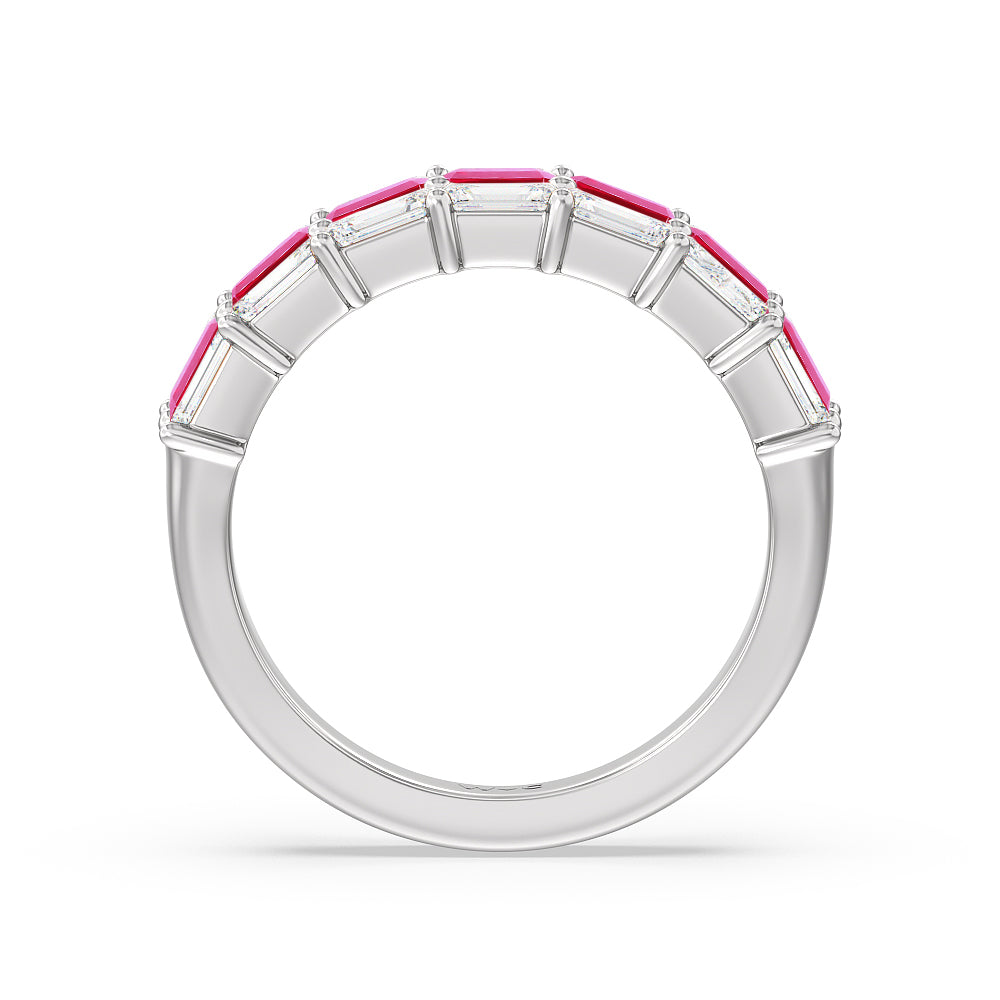 Two Row Linear Created Ruby Emerald Diamond East-West Anniversary Ring with 14KT White Gold Cut Diamond in 14KT White Gold view 3
