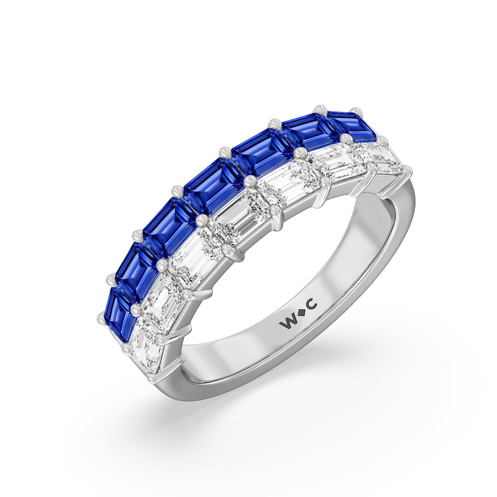 Two Row Linear Created Sapphire Emerald Diamond East-West Anniversary Ring with 14KT White Gold Cut Diamond in 14KT White Gold view 2
