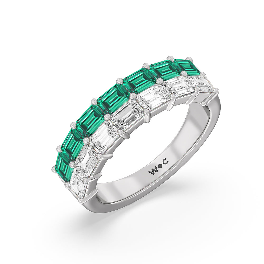 Two Row Linear Created Emerald and Emerald Shape Diamond East-West Anniversary Ring with 14KT White Gold Cut Diamond in 14KT White Gold view 2
