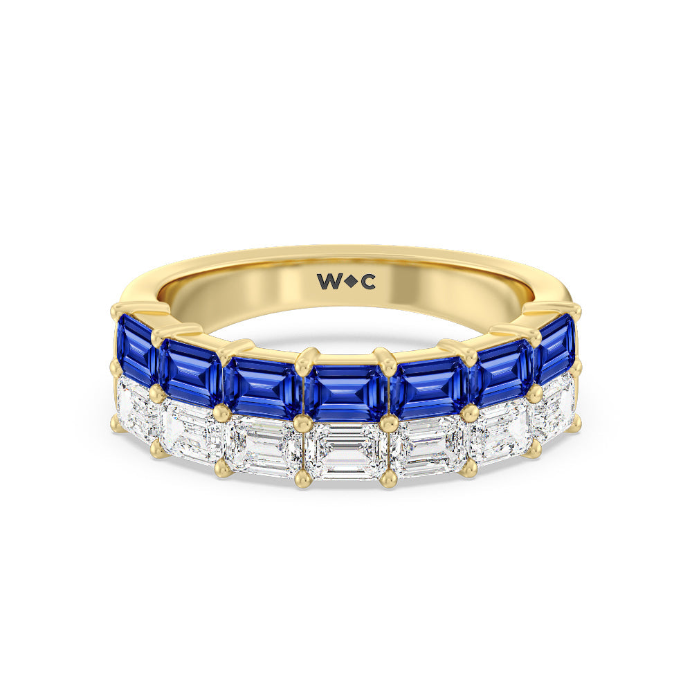 Two Row Linear Created Sapphire Emerald Diamond East-West Anniversary Ring with 14KT Yellow Gold Cut Diamond in 14KT Yellow Gold view 1
