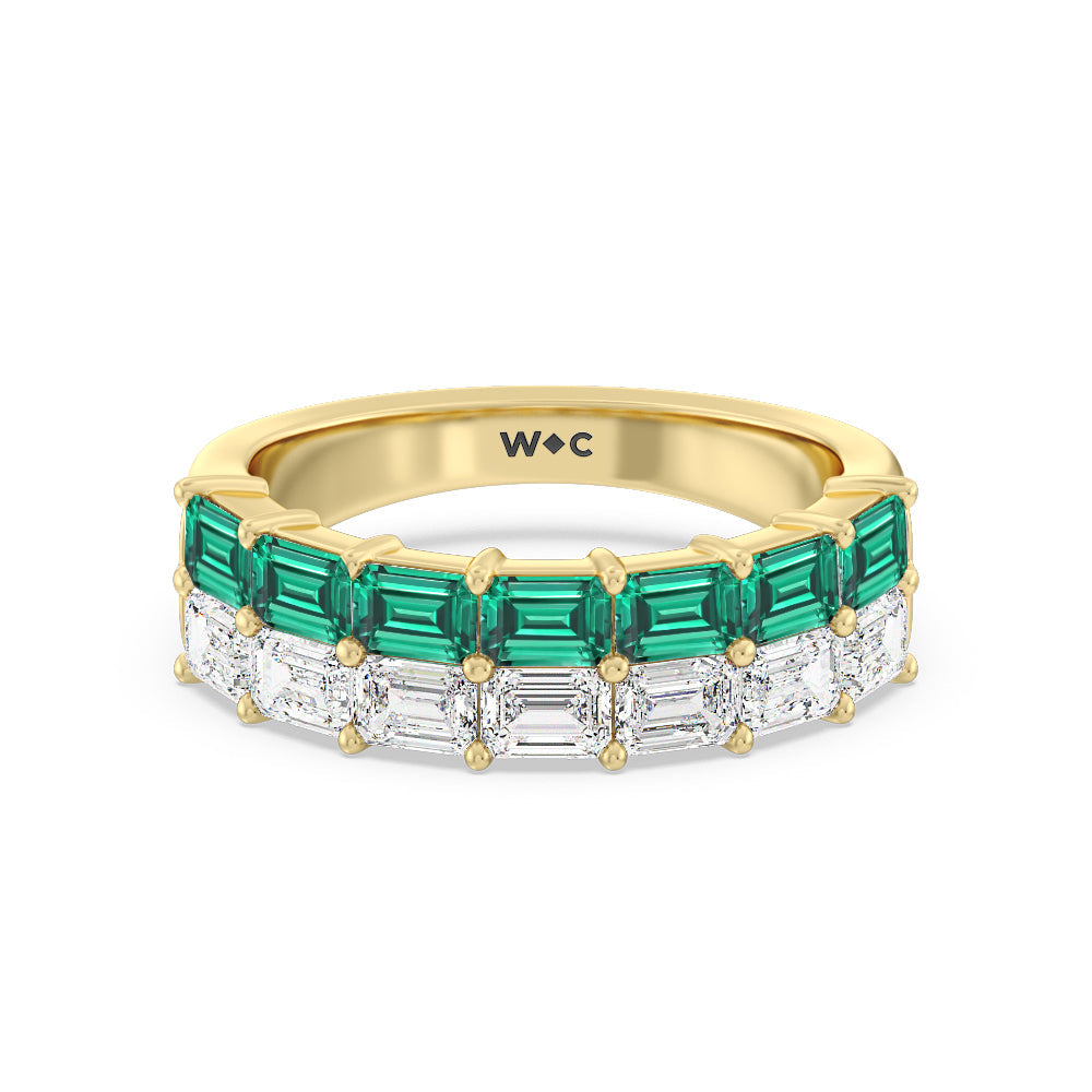 Two Row Linear Created Emerald and Emerald Shape Diamond East-West Anniversary Ring with 14KT Yellow Gold Cut Diamond in 14KT Yellow Gold view 1
