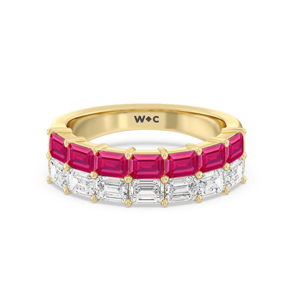 Two Row Linear Created Ruby Emerald Diamond East-West Anniversary Ring with 14KT Yellow Gold Cut Diamond in 14KT Yellow Gold view 1
