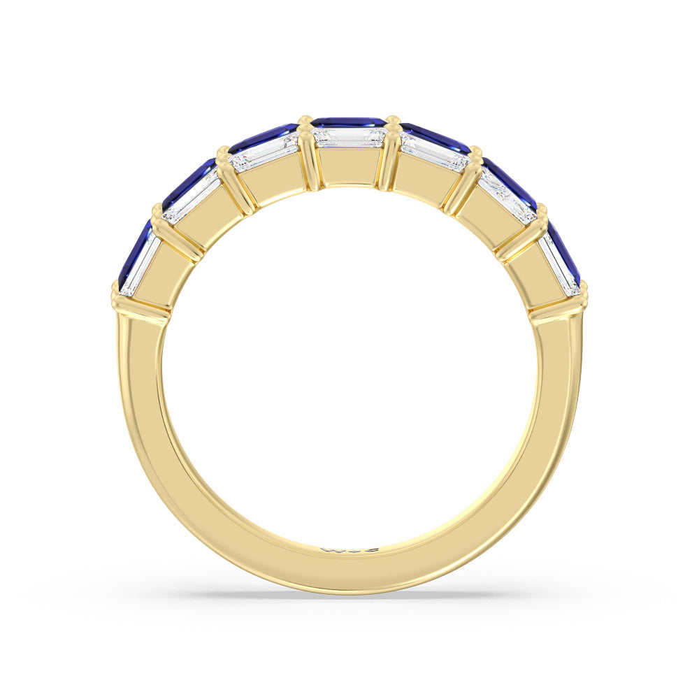Two Row Linear Created Sapphire Emerald Diamond East-West Anniversary Ring with 14KT Yellow Gold Cut Diamond in 14KT Yellow Gold view 3
